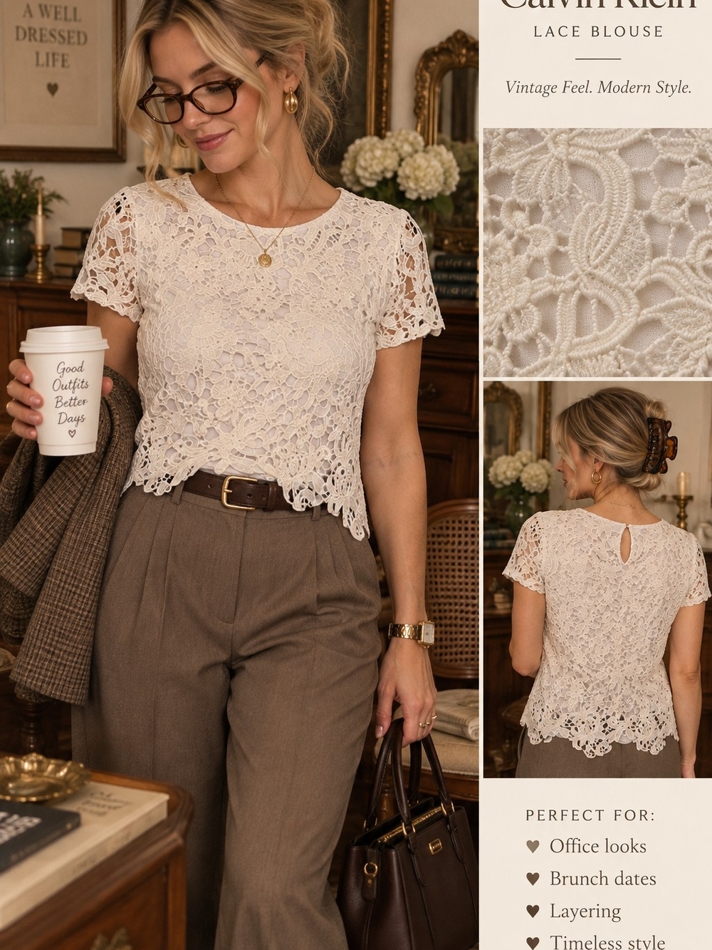 Calvin Klein White Floral Lace Blouse Cottagecore Grandmacore Office Chic